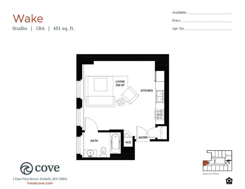 Floor plan for studio, 1 bath, 401 sqft